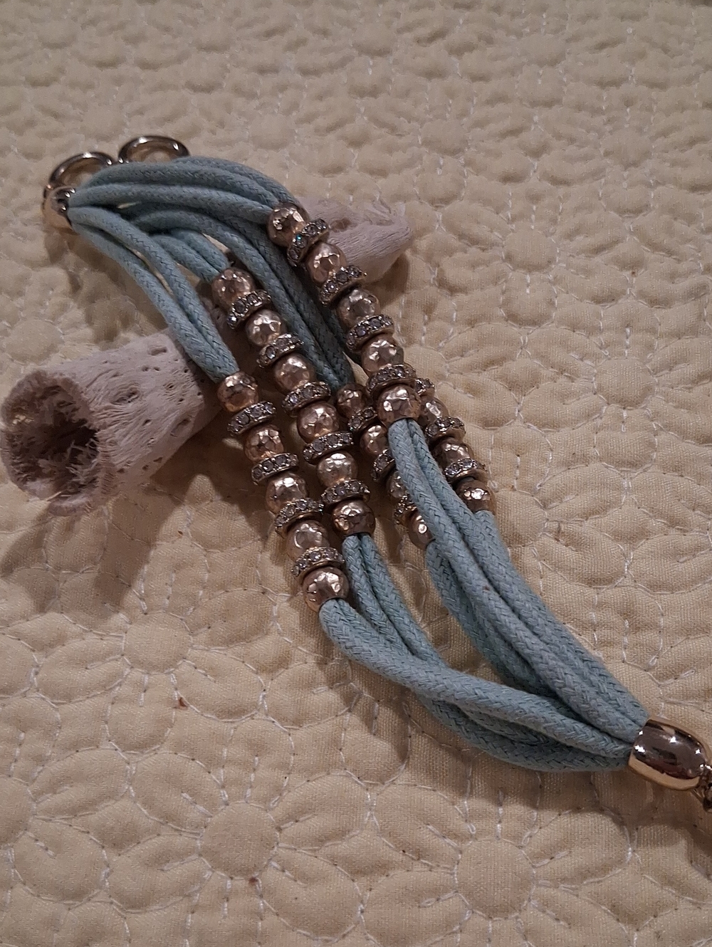 Multi Strand Sage Green & Goldtone Rhinestone Embellished Spacers Toggle Bracele
